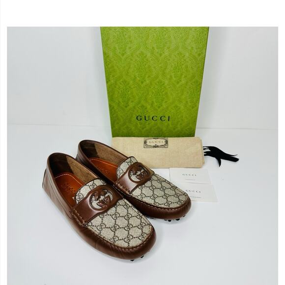 NIB Gucci Men Loafer 8.5 US 9 Brown GG Supreme Canvas Leather Driver Moccasins - Picture 2 of 12